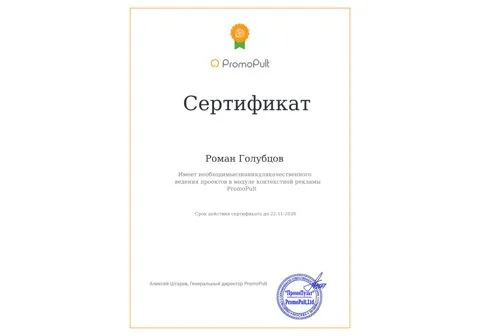 Сертификат PromoPult, ведение проектов в контекстной рекламе